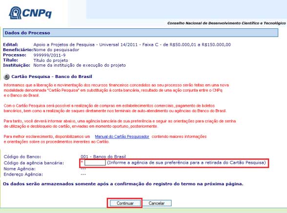 3 - Informar agência para geração do cartão pesquisa