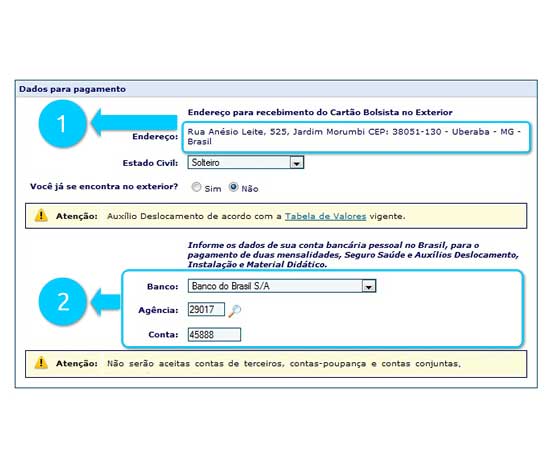 Confirmação de endereço de correspondência, dados bancários para pagamento no Brasil e aceite à bolsa